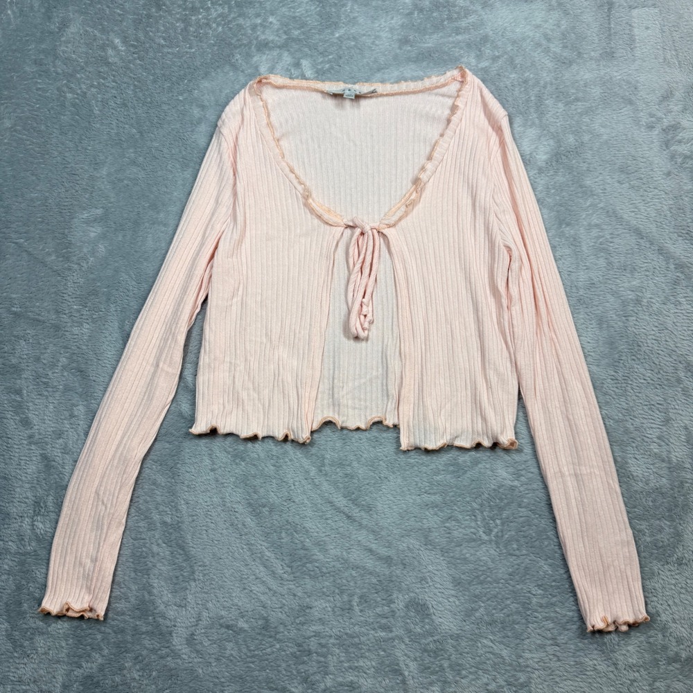 Gaze Tie Front Cardigan Women XS Pink Ribbed Lettuce Trim Long Sleeve Y2K Crop